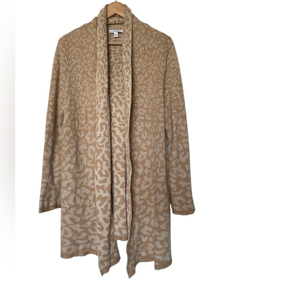 Isaac Mizrahi Live!‎ Cardigan Womens L Tan Leopard Print Shawl Collar Open Front